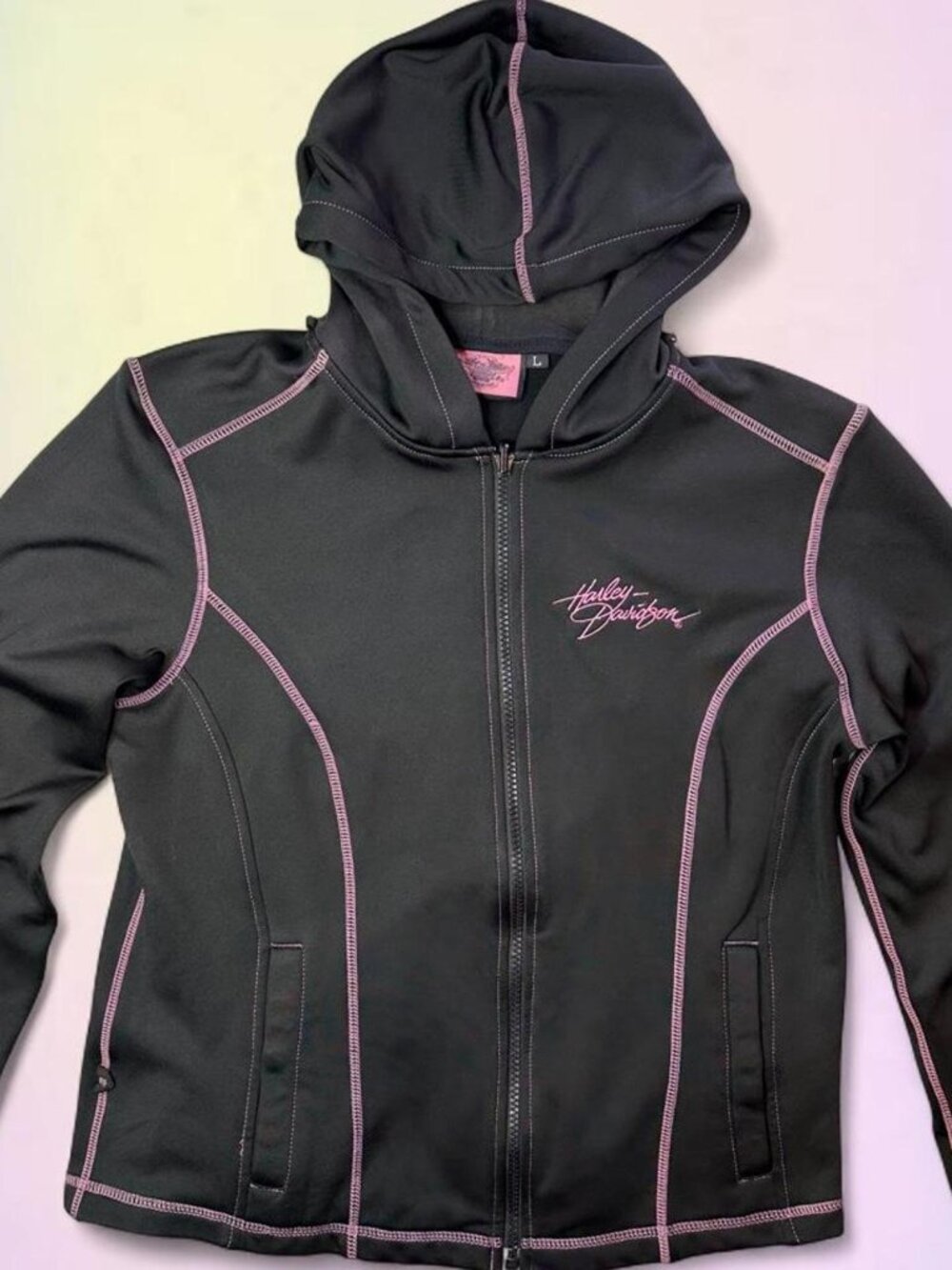 Harley Davidson Women's Black and Pink Hooded Lightweight Jacket Size Large